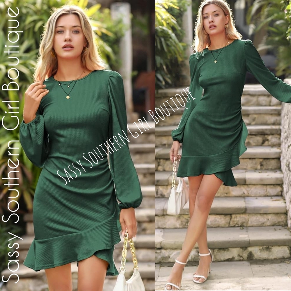 ⭐🆕Dark Green Ribbed Flutter Mini Dress